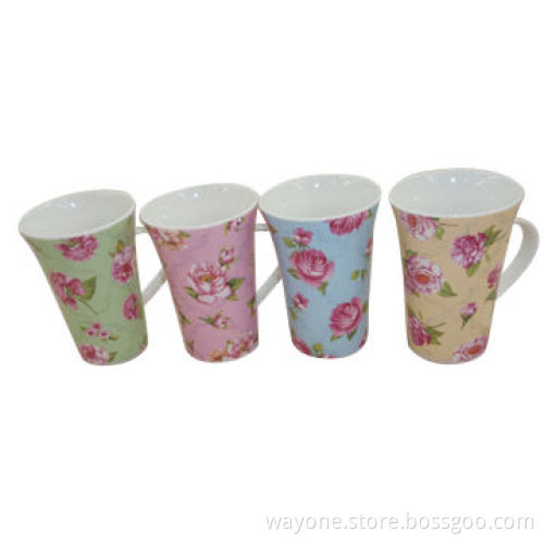 12oz Porcelain Mug, Floral, Pink, Blue, Beige, Light Green Background, Measures Ø8.8 x 12.5cm